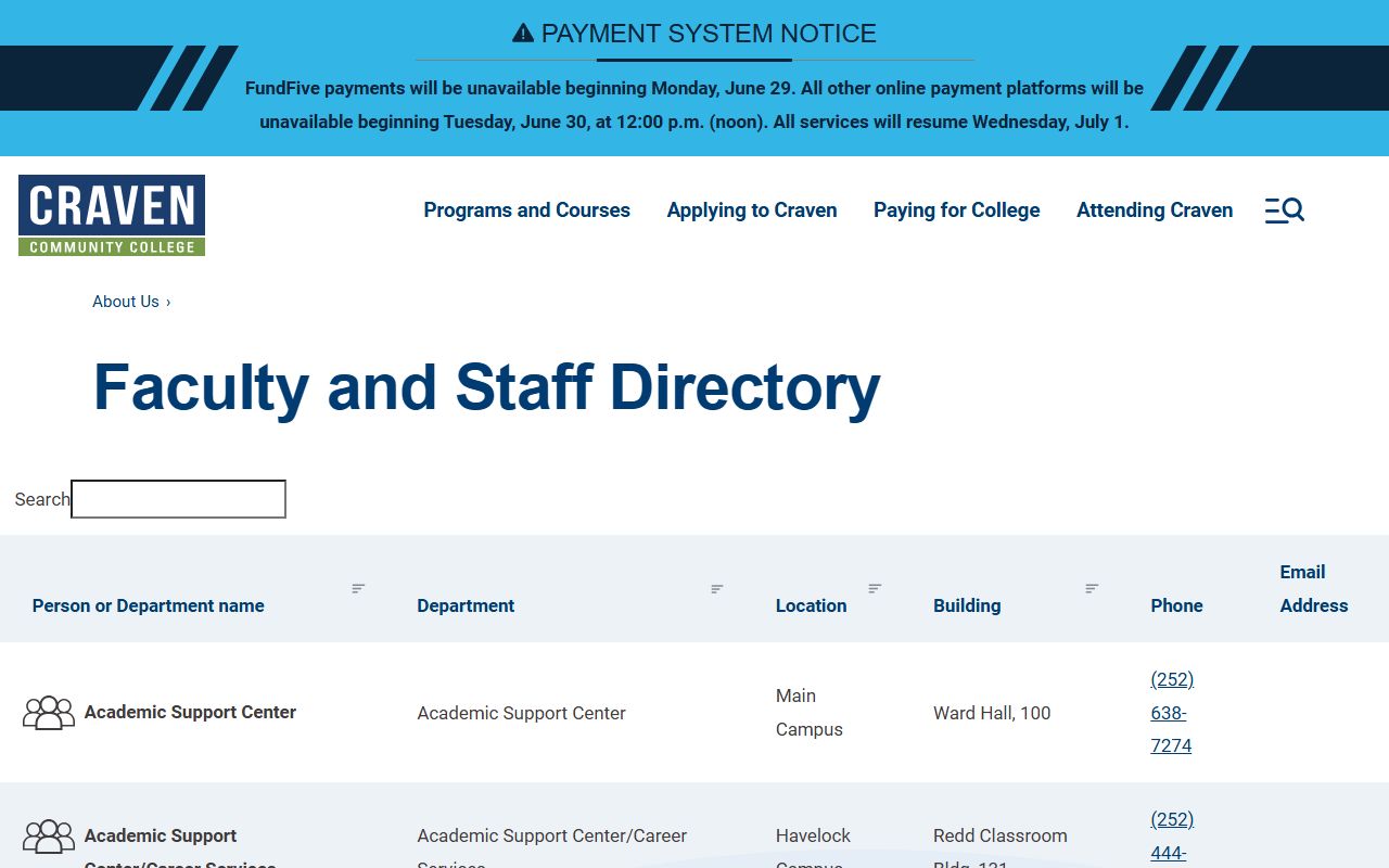 New Bern phone directory Craven Community College faculty and staff directory