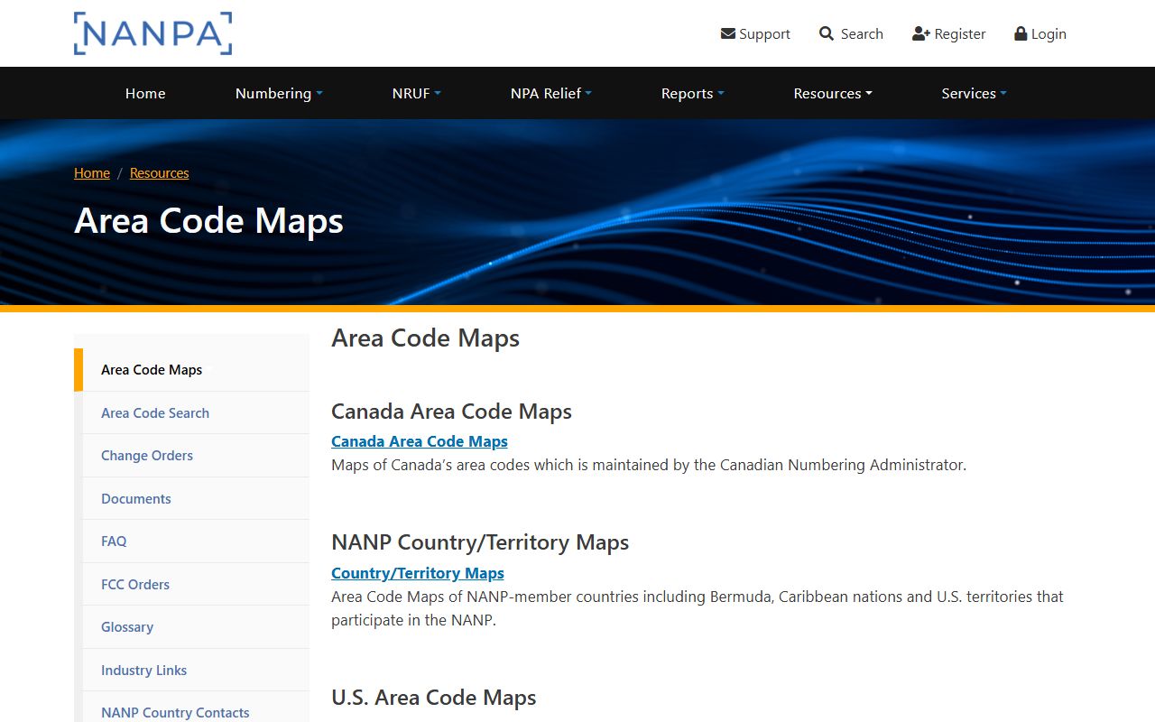 New Bern area-code map reference from NANPA