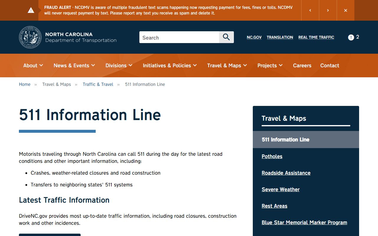 New Bern phone code 511 traffic reference from NCDOT