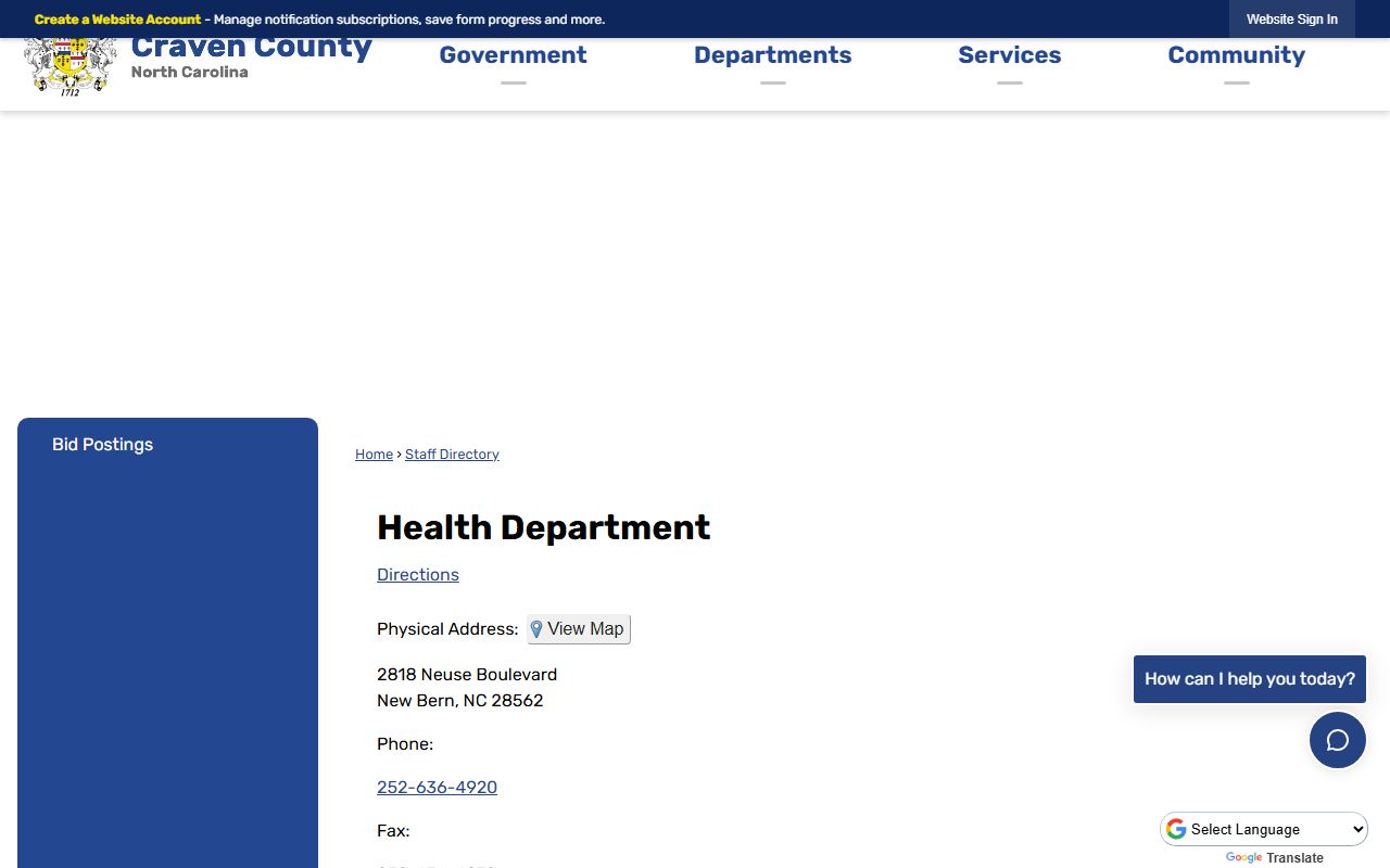 New Bern phone numbers Craven County Health Department directory