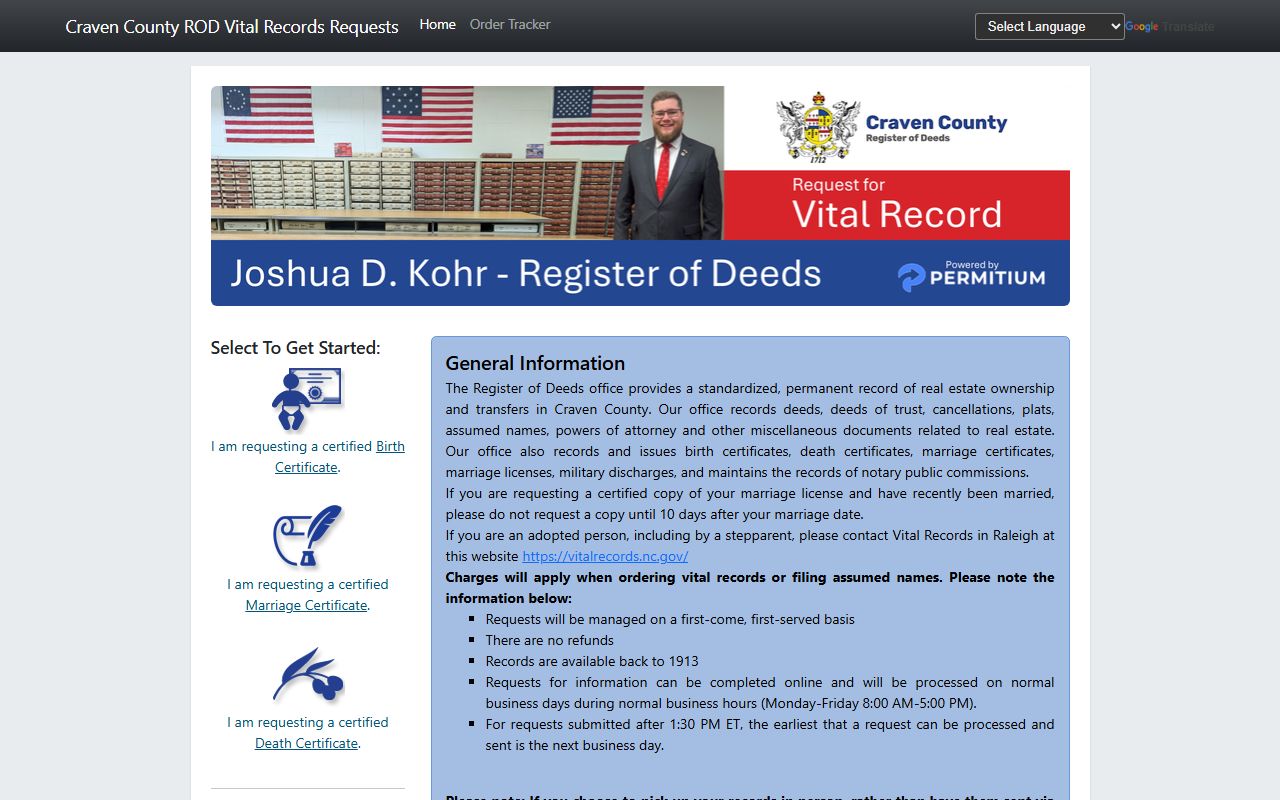 New Bern phone numbers Craven County vital records order portal